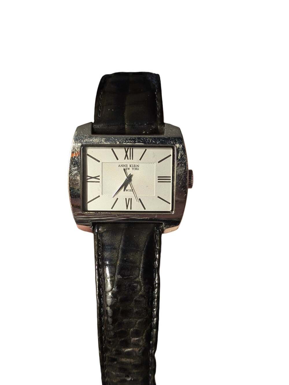 Anne Klein New York Rectangular Watch with Black Croco-Grain Leather Strap